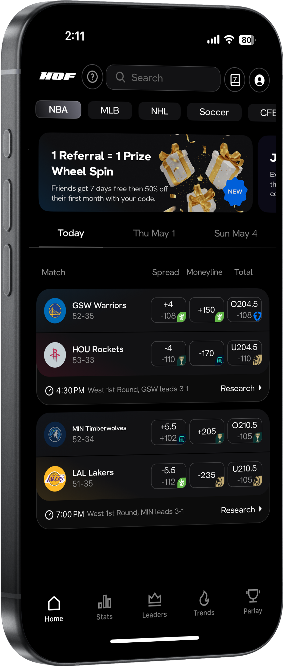 Mockup of hofbets ios app Home Tab